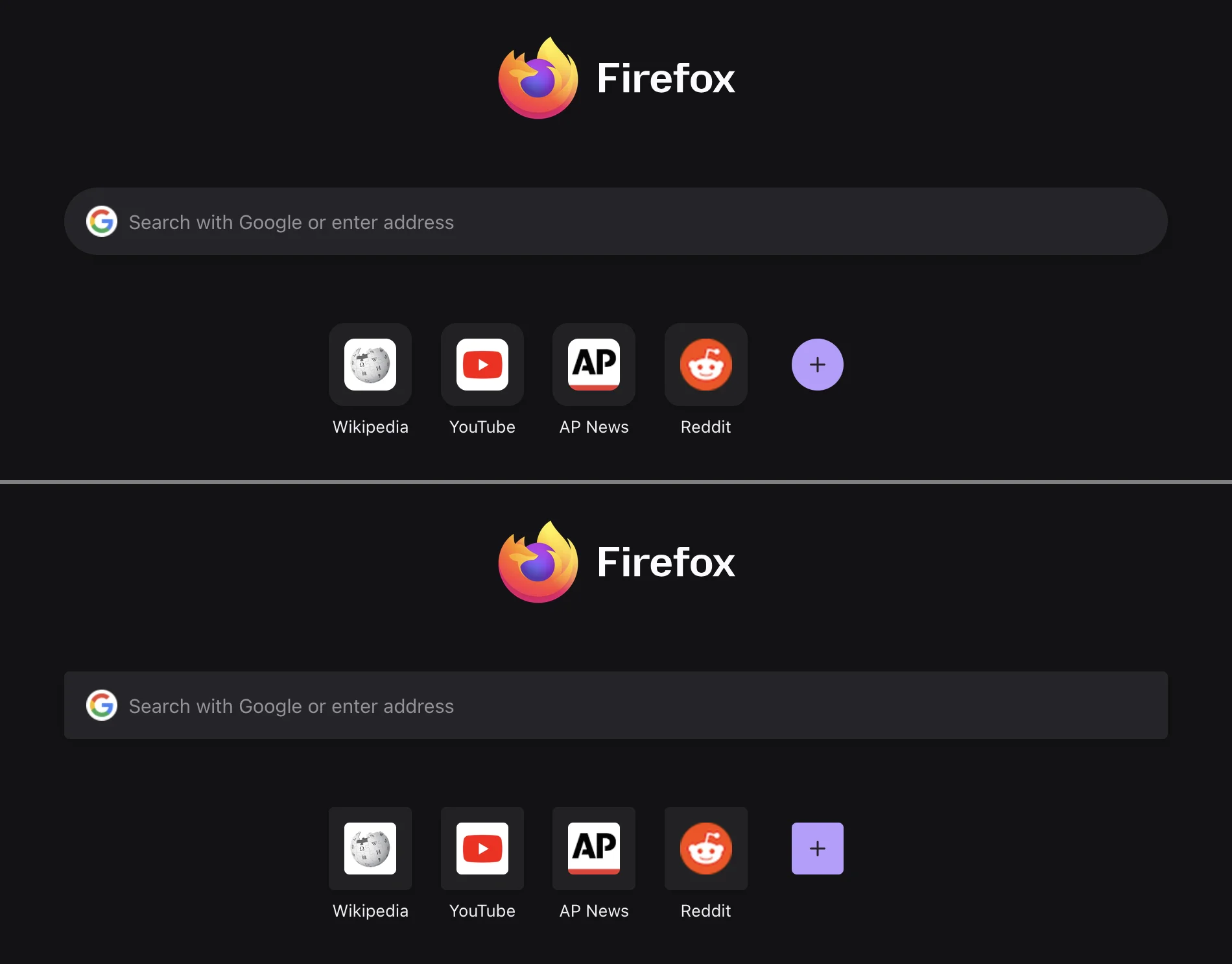 Firefox New Tab page before (rounded search box and shortcuts) and after (squared corners)