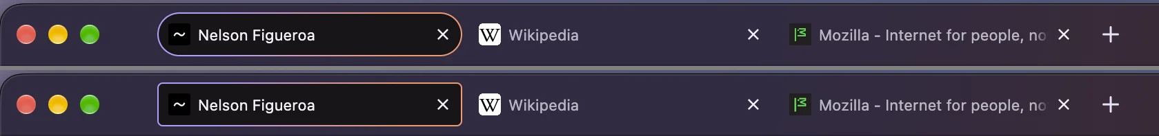 Firefox tabs before (rounded pill shape) and after (squared corners)