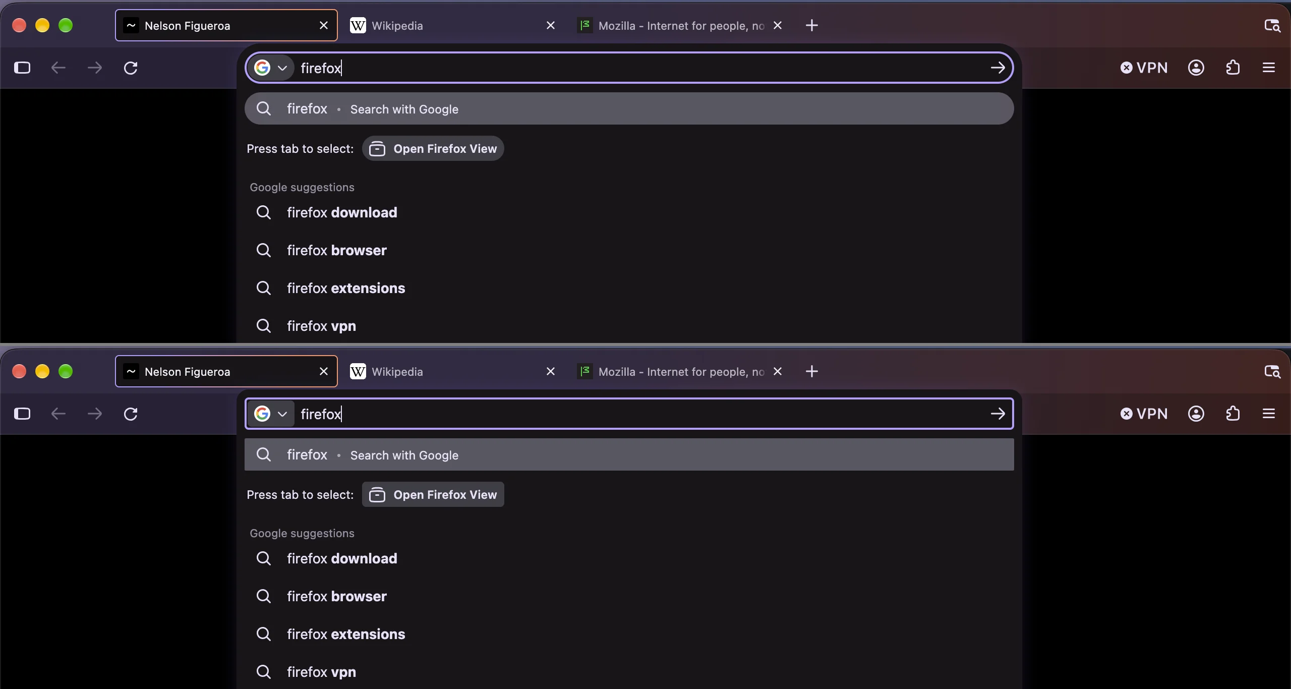 Firefox address bar and dropdown before (rounded) and after (squared corners)