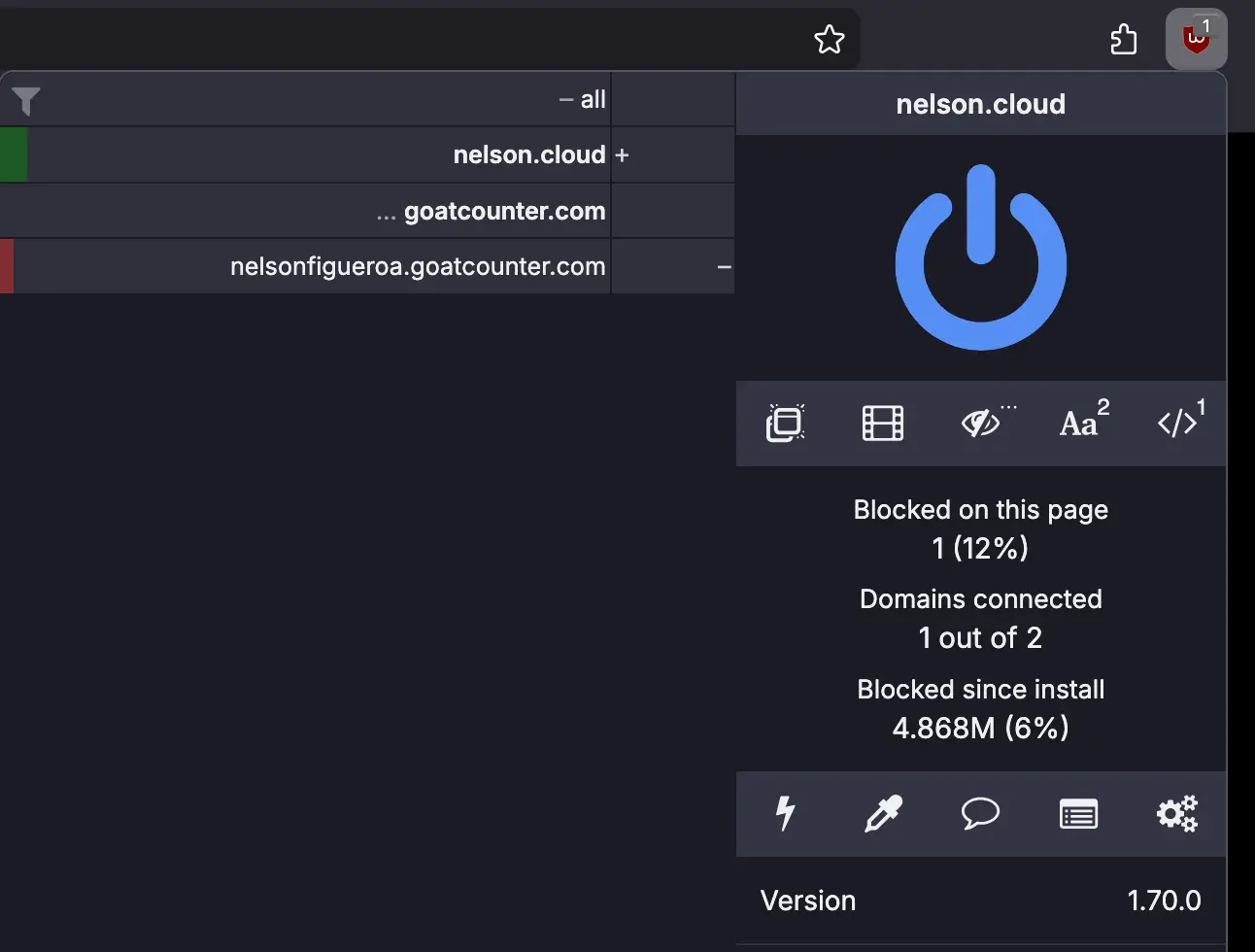 uBlock Origin showing a blocked domain